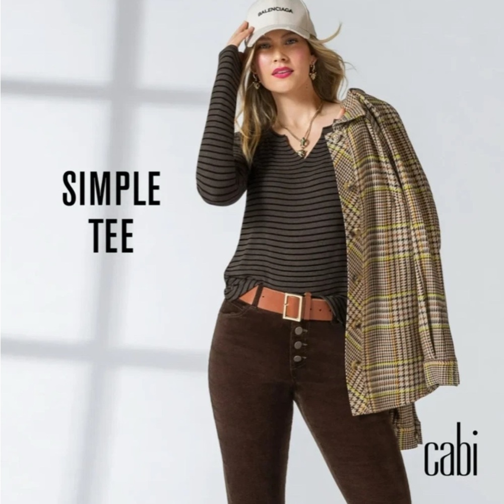 CAbi Black Heather Brown Striped Long Sleeve Simple Tee 4440 Size Medium VGUC
